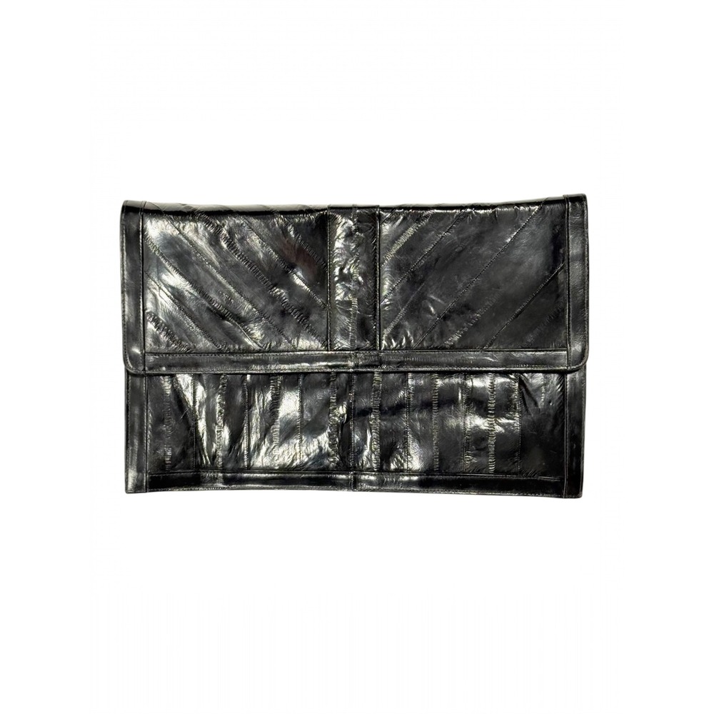 Vintage Black Eel Skin Leather Clutch Bag Oversized Paneled Envelope Handbag‎